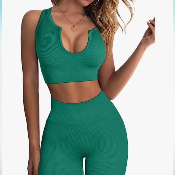 Pants - QINSEN Workout 2 Piece Ribbed Seamless Crop Tank High Waist Leggings Set Emerald